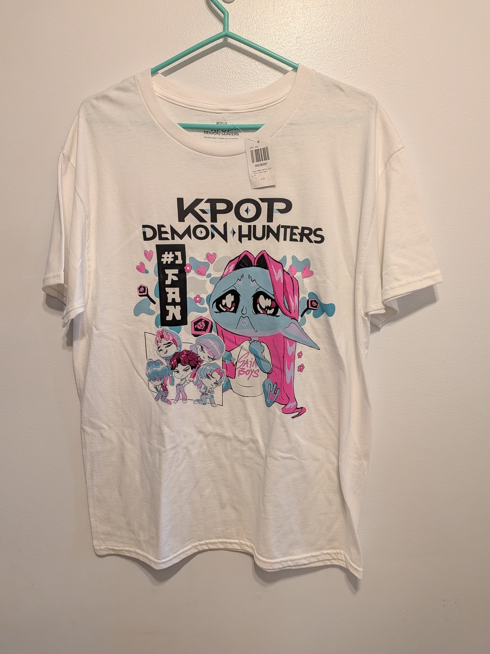 K-Pop Demon Hunters Graphic Tee - White with Pink/Blue Artwork